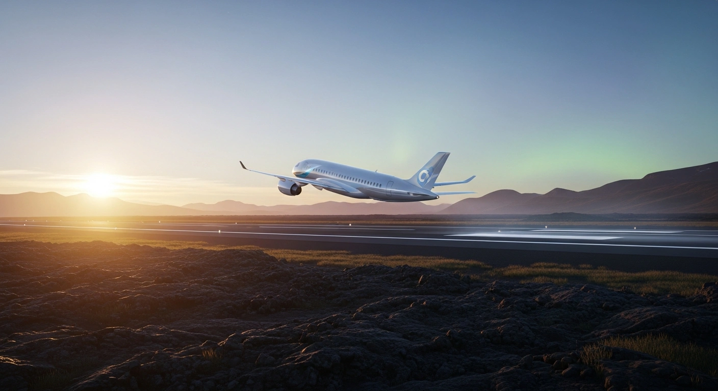 A sleek, futuristic hydrogen-powered aircraft is shown ascending from an Icelandic runway at sunset, with a subtle aurora borealis visible on the horizon, symbolizing Iceland's commitment to fossil fuel-free domestic flights by 2040 using sustainable aviation fuels.