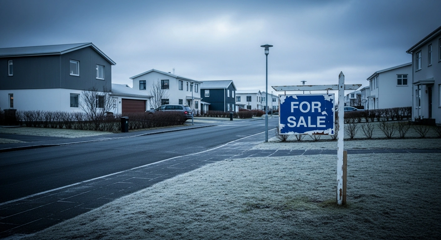 A weathered for sale sign stands in a residential yard in Iceland, representing the cooling housing market and declining property prices.
