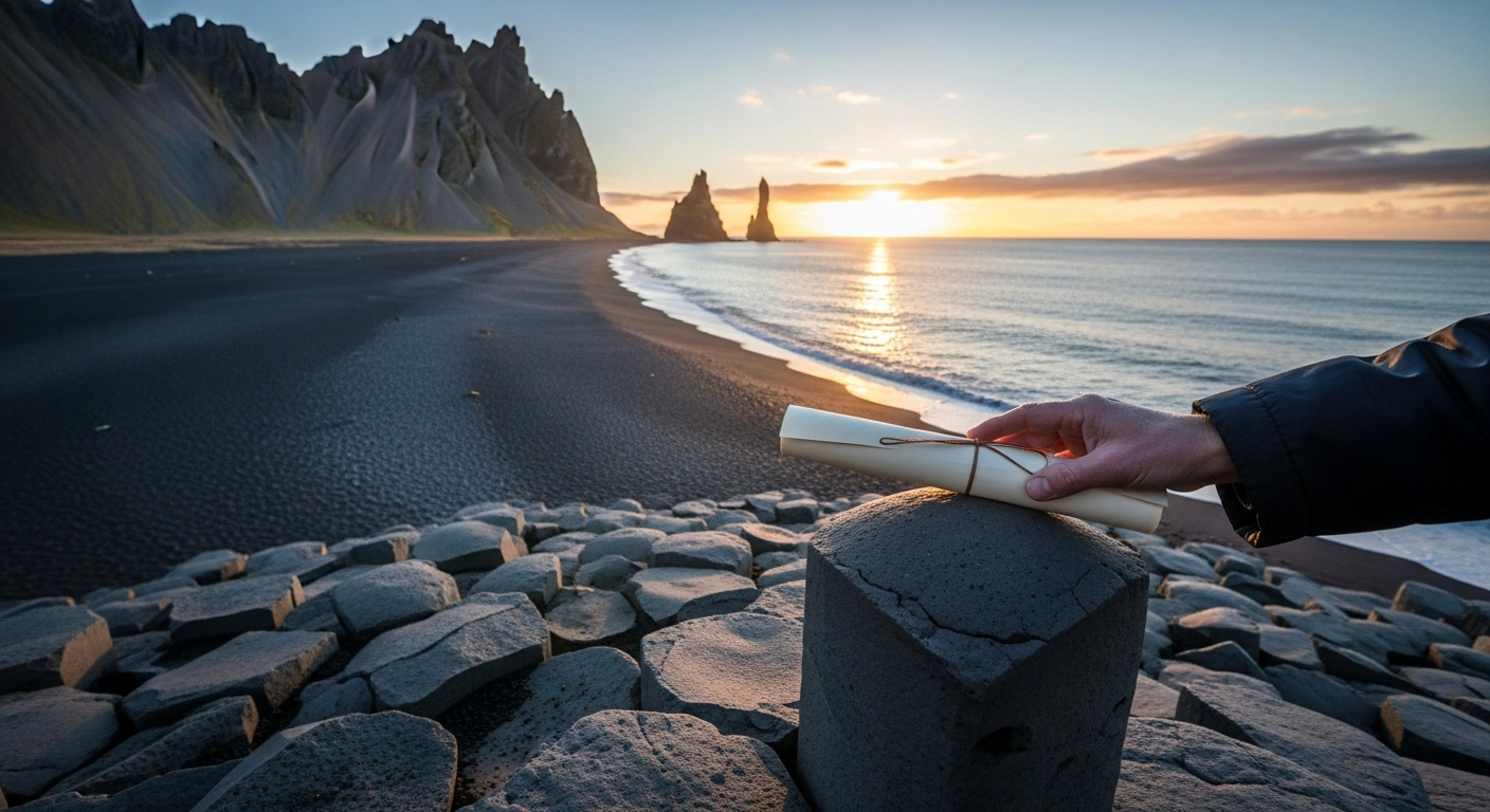 A wide-angle shot of Iceland's rugged volcanic coastline at dawn, showing a hand placing a rolled parchment onto a basalt column, symbolizing Iceland's official acceptance of the International Court of Justice's compulsory jurisdiction and its commitment to international law and peaceful dispute resolution.