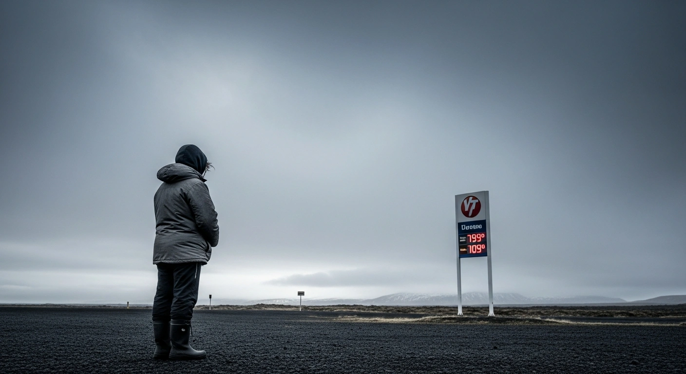 A wide shot depicts a solitary figure in heavy winter clothing standing on a desolate Icelandic volcanic plain, looking towards a distant, flickering gas station sign displaying high prices, symbolizing Iceland's annual inflation rate rising to 5.2% due to vehicle-related taxes and food prices.