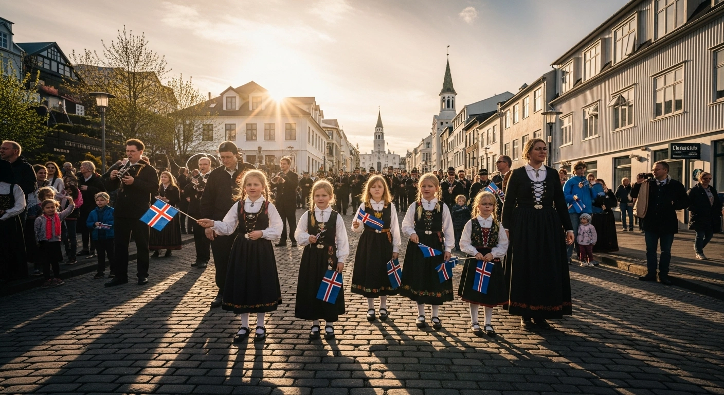 People in traditional Icelandic clothing celebrate National Day in a sunlit city square during the 1944 Republic founding anniversary festivities.