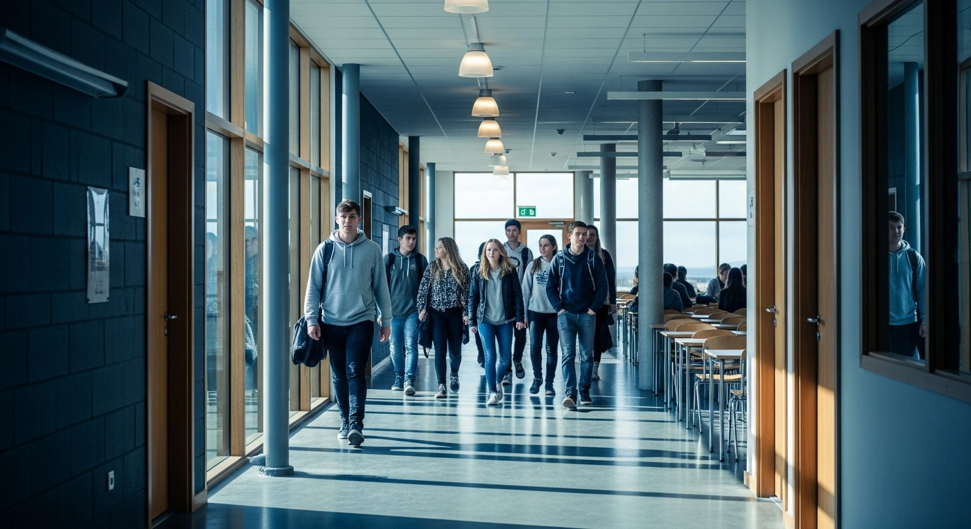A group of students walks through a modern school hallway in Iceland as part of a new national educational attendance initiative.