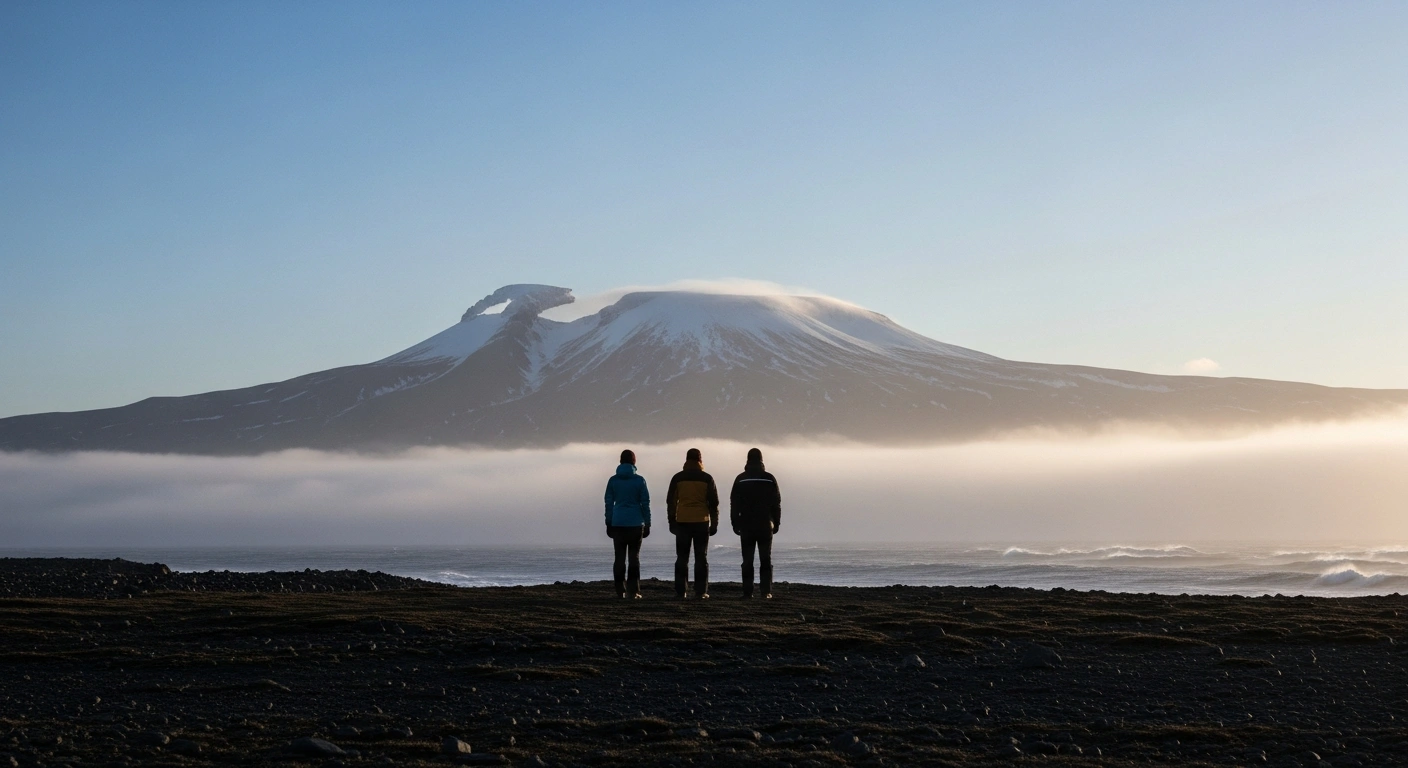 Three figures stand resolutely on an icy Icelandic coastline at twilight, gazing towards a distant, mist-shrouded Greenland, symbolizing Iceland's Foreign Minister's declaration and the unified Nordic rejection of renewed US interest in acquiring the Arctic island.