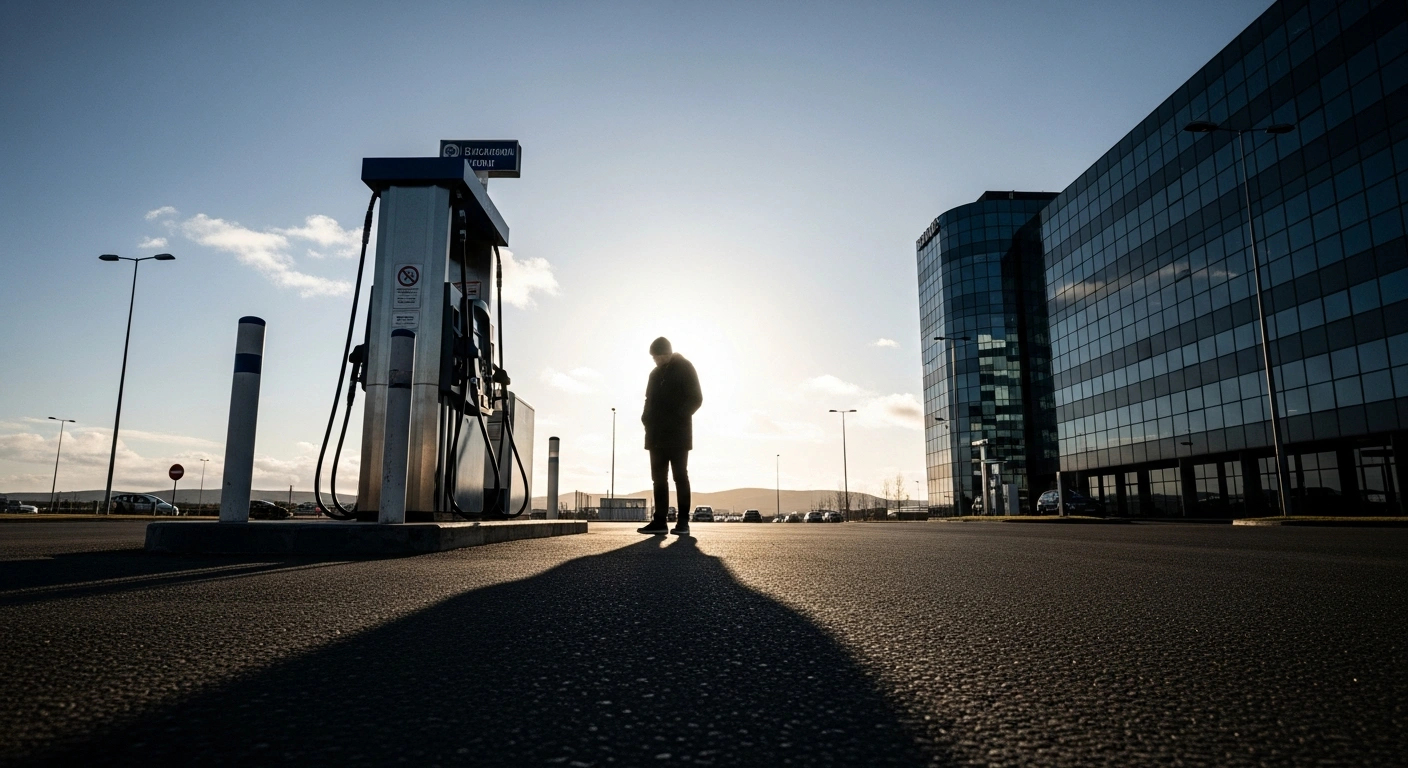 A lone individual stands at a gas pump under a stark late afternoon sun, with a modern corporate building subtly visible in the background, visually representing the high share of fuel prices retained by oil companies despite tax reductions.