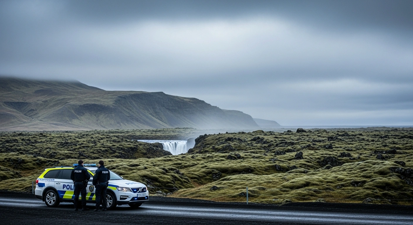 Icelandic police officers stand near their patrol vehicle in South Iceland following the arrest of suspects involved in tourist pickpocketing incidents.