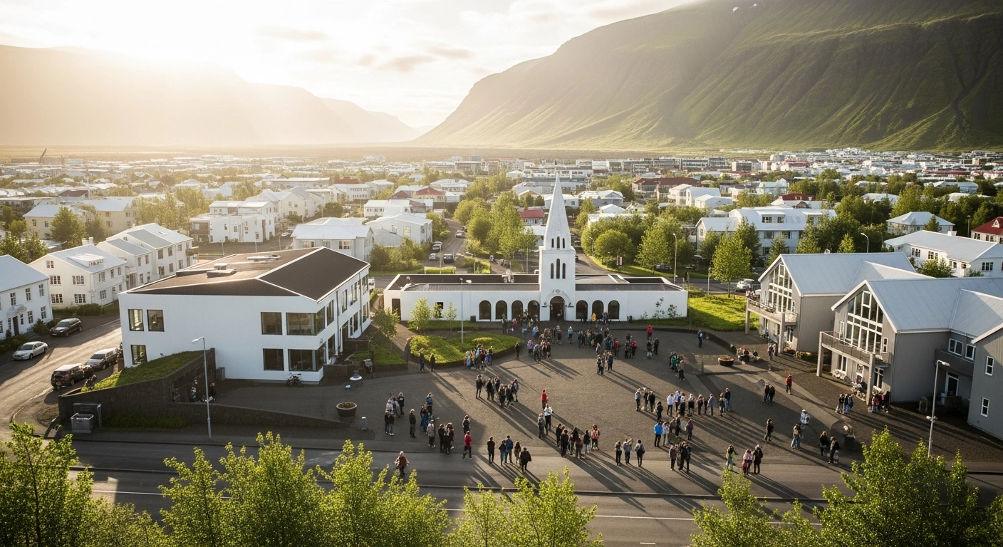 A scenic view of a modern Icelandic town with a growing population under the morning sun.