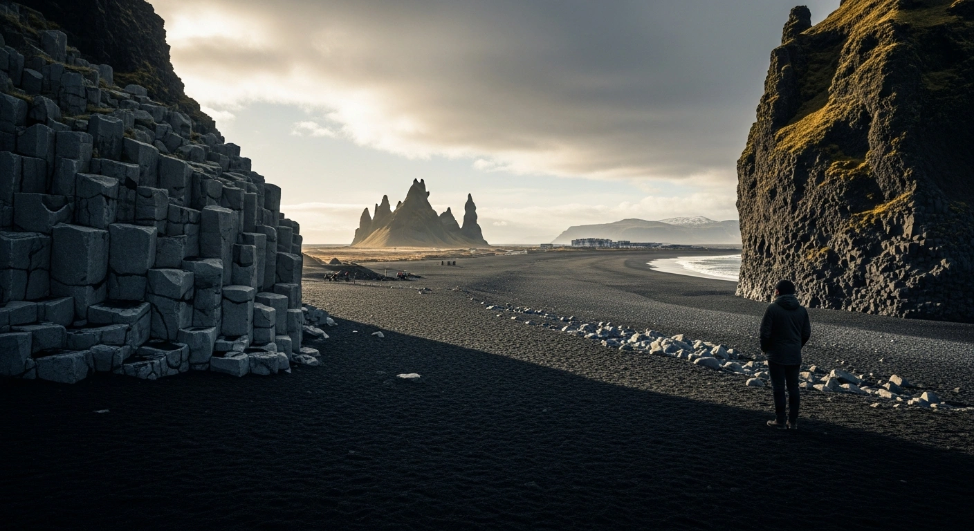 A solitary figure stands silhouetted against a vast Icelandic landscape with black sand and basalt columns, subtly depicting the nation's comprehensive review of migration rules following a significant population surge and strain on infrastructure.