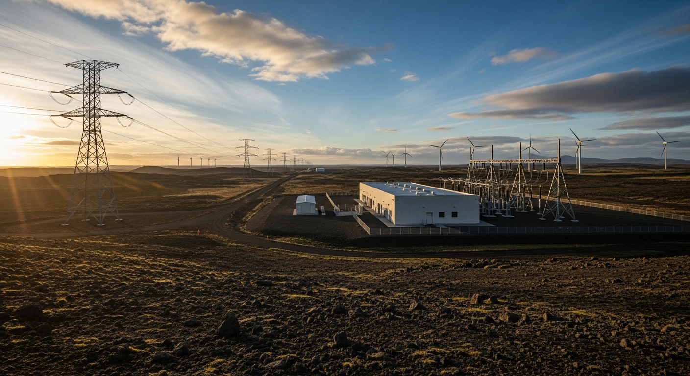 A wide, low-angle shot at golden hour shows new steel transmission towers and a modern substation on a rugged Icelandic plain, with wind turbines in the background, symbolizing significant power infrastructure investments in Northeast Iceland for renewable energy integration and regional development.