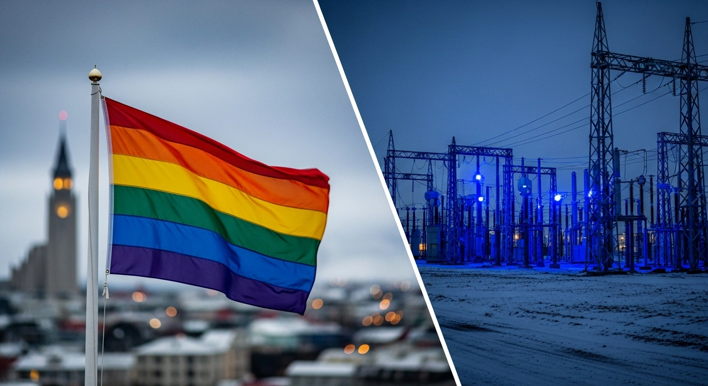 A restored pride flag waves in Reykjavík while a nearby substation in South Iceland undergoes emergency repairs following a power failure.