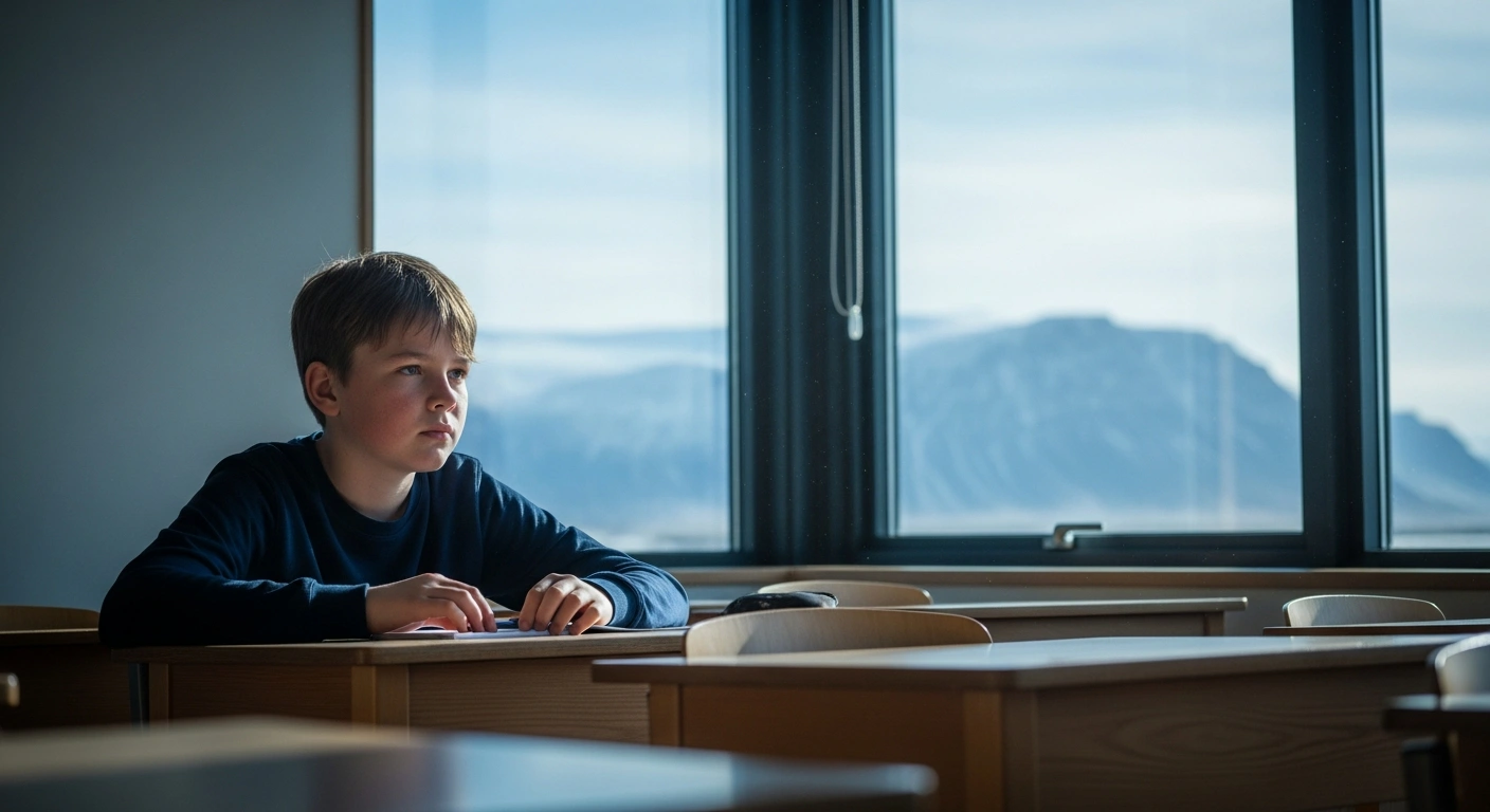 A young student sits at a desk in a bright Icelandic classroom while reflecting on the structure of the national education system.