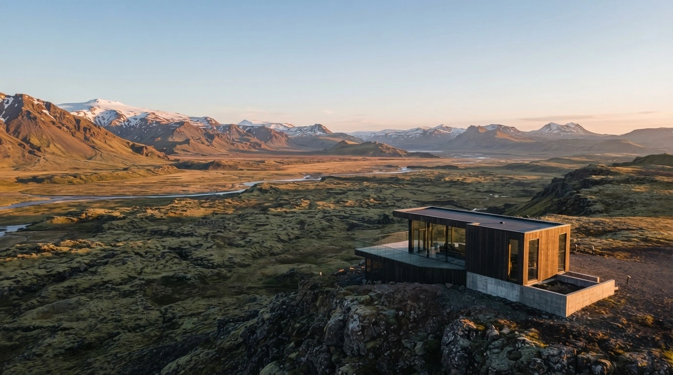 A modern building overlooks a vast Icelandic landscape during golden hour, representing the future of regional development and infrastructure planning in Iceland.