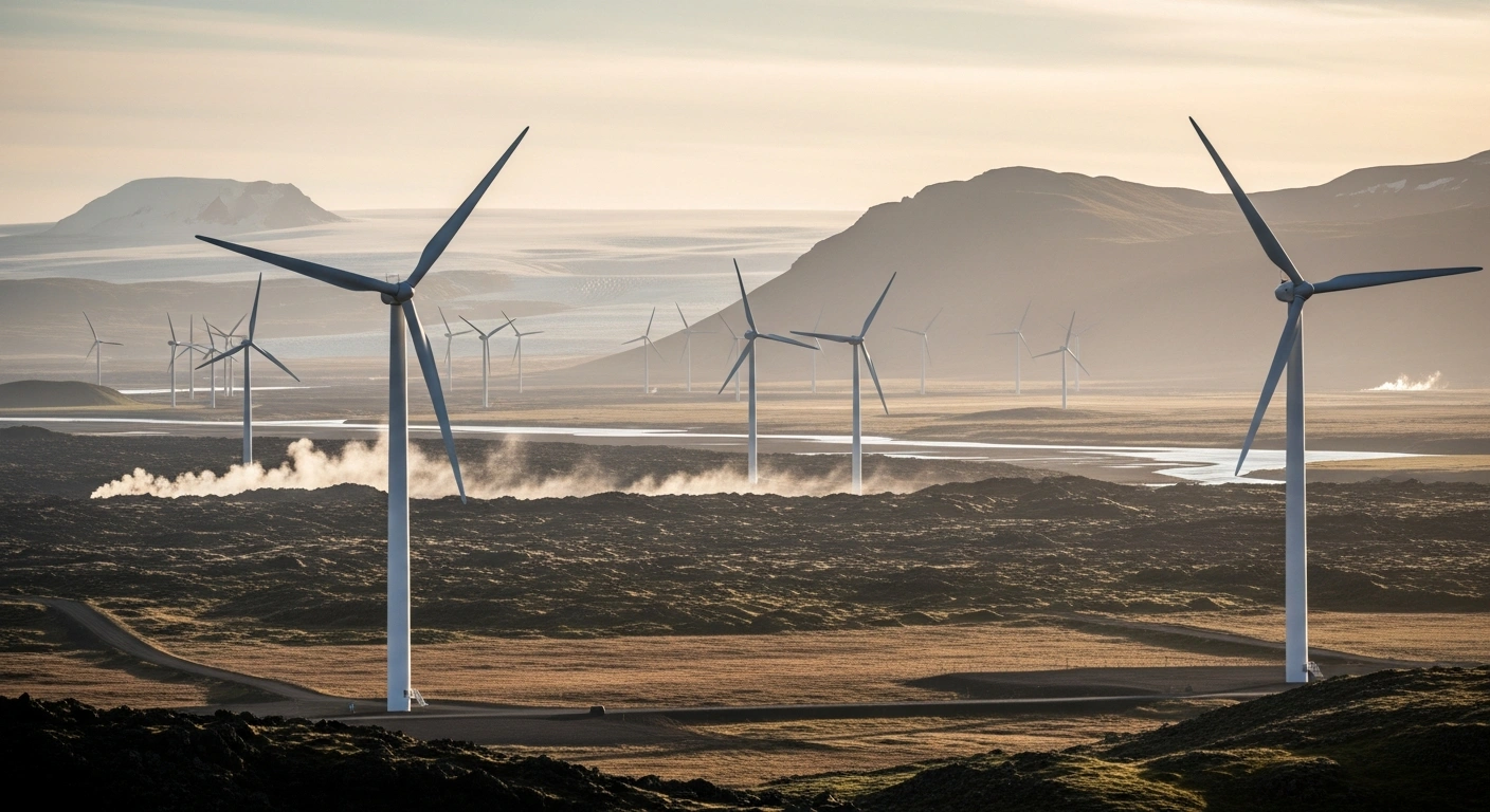 Modern wind turbines stand in a vast Icelandic landscape as part of a renewable energy project funded by Landsvirkjun.