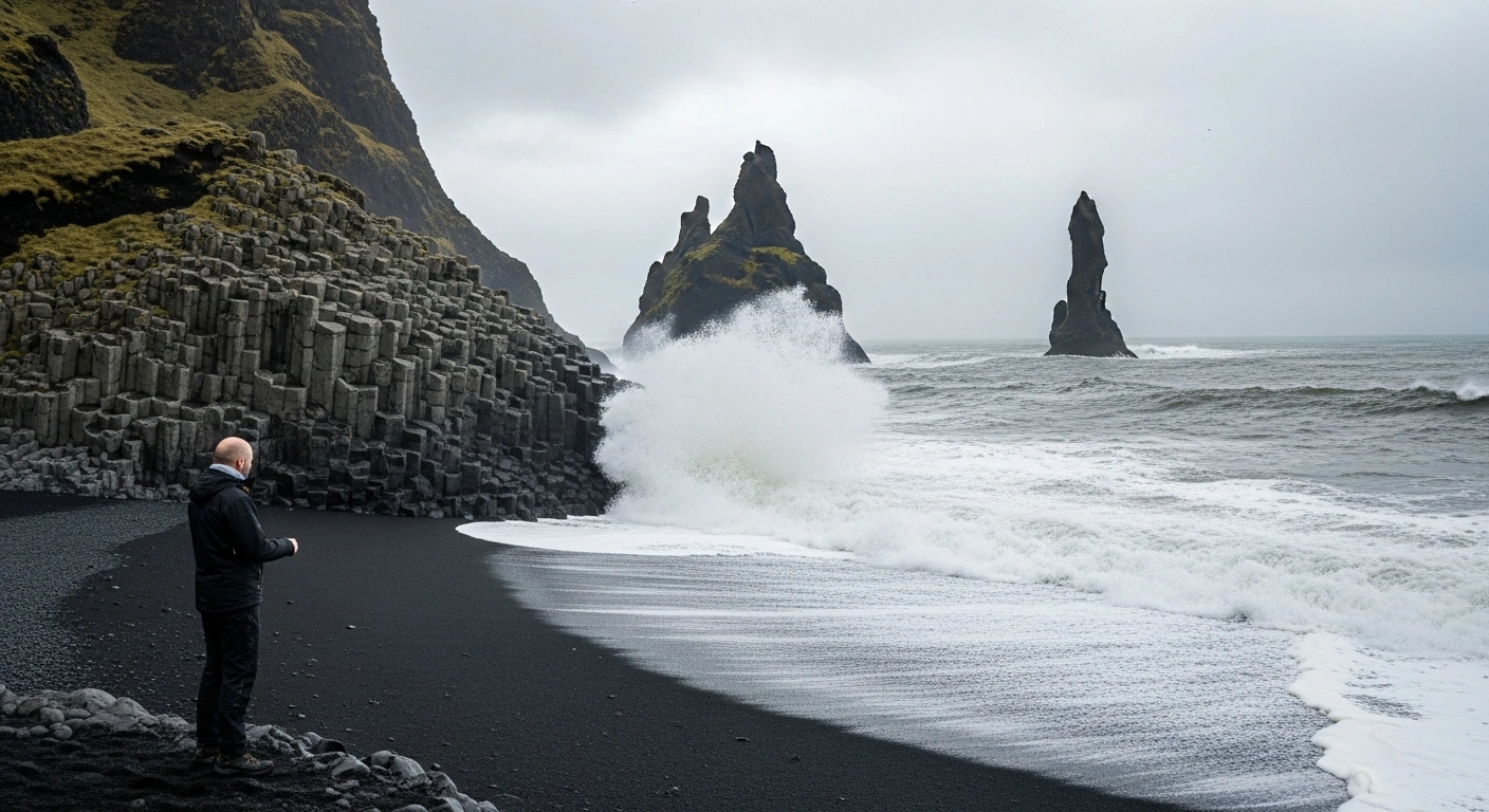 A powerful wide-angle view of Iceland's Reynisfjara black sand beach, depicting large waves crashing against dramatic basalt columns and cliffs, illustrating significant coastal erosion caused by high wave activity.