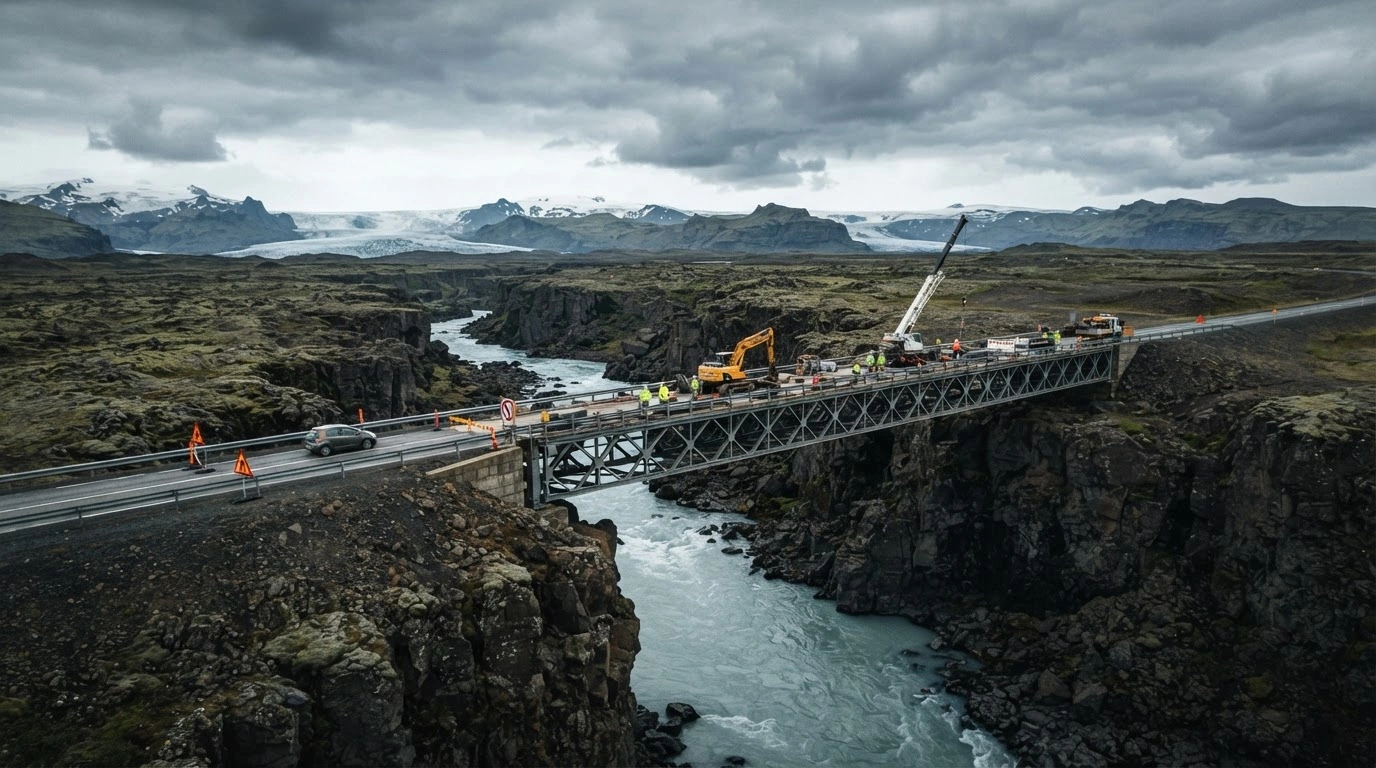 A construction crew performs essential maintenance on the Ring Road bridge over the Jökulsá á Fjöllum river in Iceland during the day.