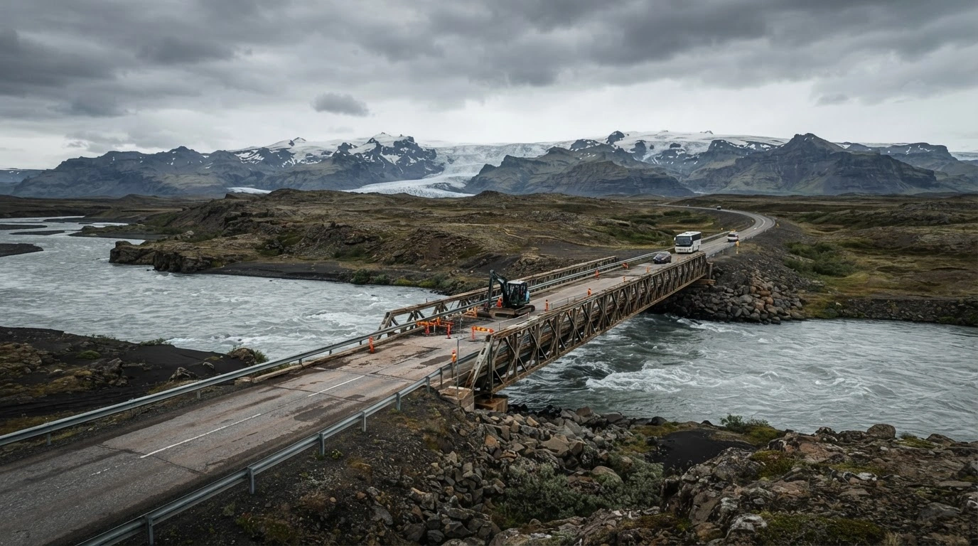 A construction crew performs maintenance on the Ring Road bridge crossing the Jökulsá á Fjöllum river in Iceland while traffic is restricted.