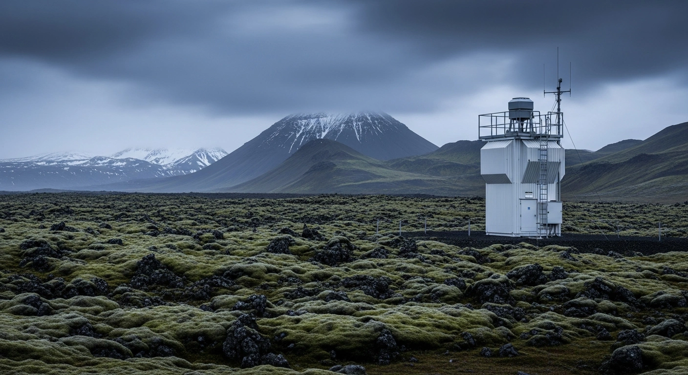 A remote seismic monitoring station sits in the rugged, volcanic landscape of southern Iceland near the Goðabunga region.