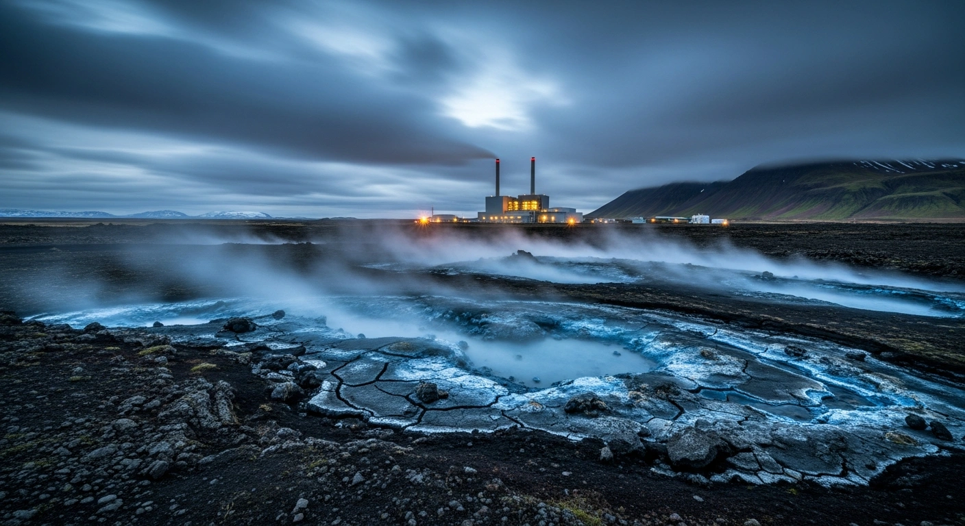 A wide view of the Hellisheiði Power Plant in Iceland surrounded by volcanic terrain during a period of seismic activity.