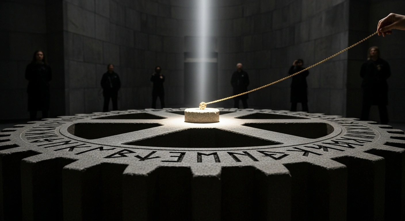 A wide, low-angle shot shows a large, ancient-looking stone gear with Icelandic runes, slowly turning, as a golden chain is carefully guided onto its teeth by an unseen hand, symbolizing the Icelandic government advancing a bill to link social security payments to the wage index, while blurred silhouettes in the background represent the scrutiny from labor and employer organizations and the Alþingi's Welfare Committee.