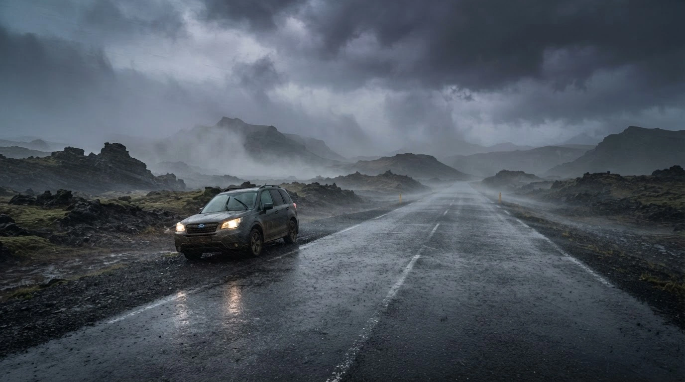 A powerful storm with heavy rain and intense wind sweeps across a desolate Icelandic landscape, causing hazardous conditions on a closed highway.
