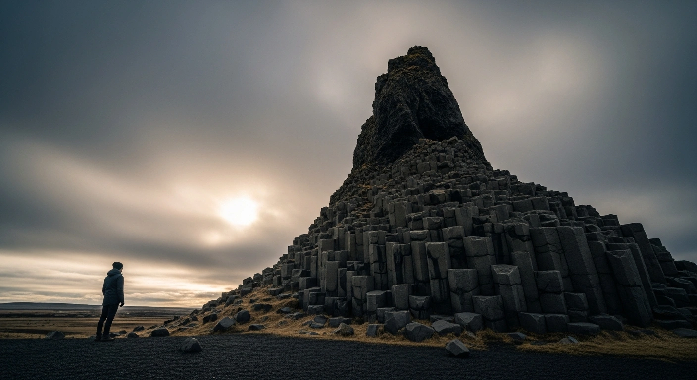 A lone figure stands silhouetted against towering, jagged basalt columns under a dramatic, overcast Icelandic sky, symbolizing Iceland's implementation of stricter residence permit rules and immigration policies amidst increased applications.