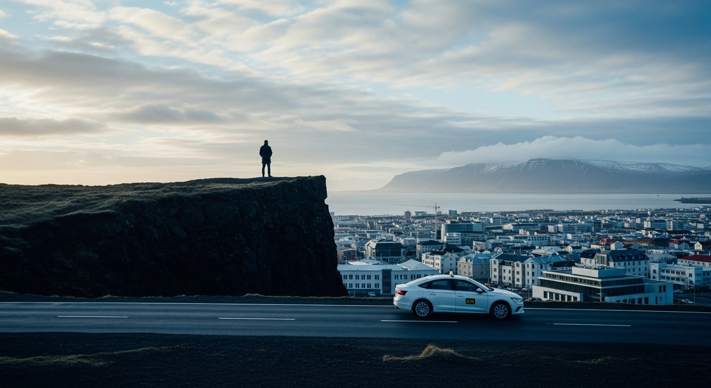 A lone figure, representing Iceland's Minister of Infrastructure, stands silhouetted against a dramatic Icelandic dawn landscape overlooking a city, with a modern taxi subtly parked on a road below, symbolizing proposed reforms for the nation's taxi industry.
