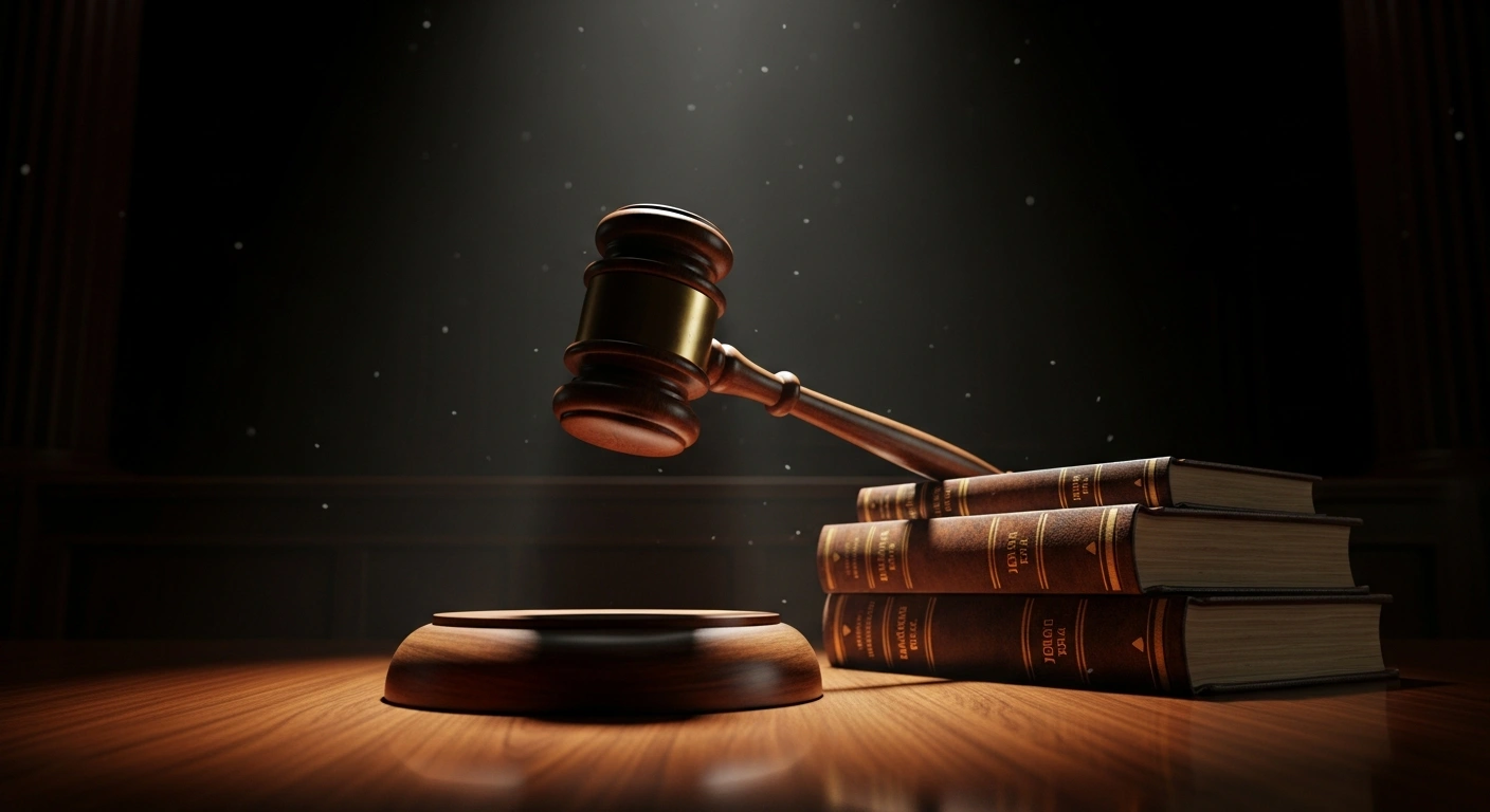A dramatic, low-angle shot in a dimly lit, grand courtroom shows a large, ornate gavel suspended mid-air above a stack of leather-bound legal tomes, illuminated by a single, piercing shaft of light, symbolizing the severe sentences sought by Iceland's Director of Public Prosecutions in a high-profile terrorism case against Sindri Snær Birgisson and Ísidór Nathansson.