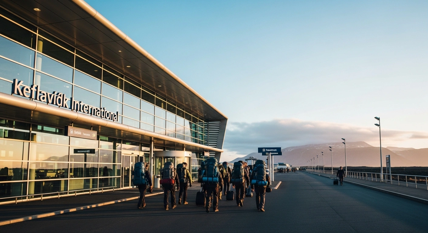 Travelers with hiking gear arrive at Keflavík International Airport in Iceland, reflecting a shift toward long-stay tourism over transit travel.