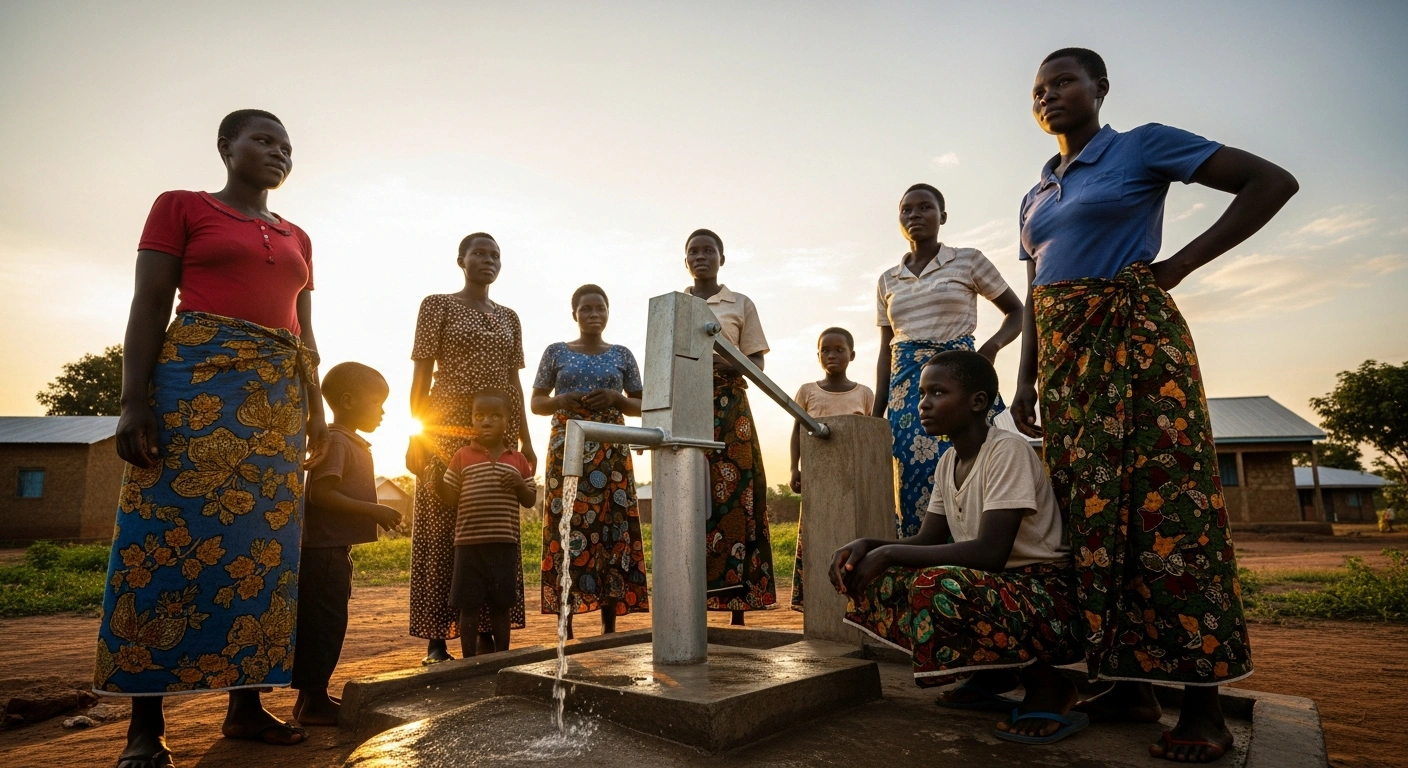 A group of young Ugandan mothers and their children gather around a new, clean water hand pump in a sunlit village, symbolizing the impact of Iceland's US$5.5 million pledge to UNICEF Uganda for empowering adolescent mothers and supporting WASH programs in refugee-hosting districts.