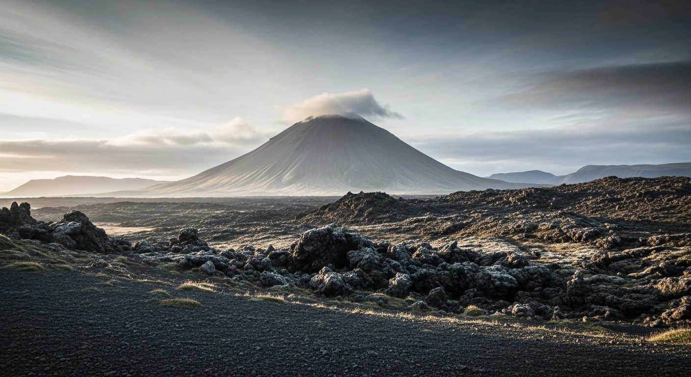 A wide-angle, low-perspective photograph of Iceland's Reykjanes Peninsula at dawn, showing a dormant volcano under a soft, diffused sky, symbolizing decreased seismic activity and slowing magma accumulation before an anticipated volcanic eruption.