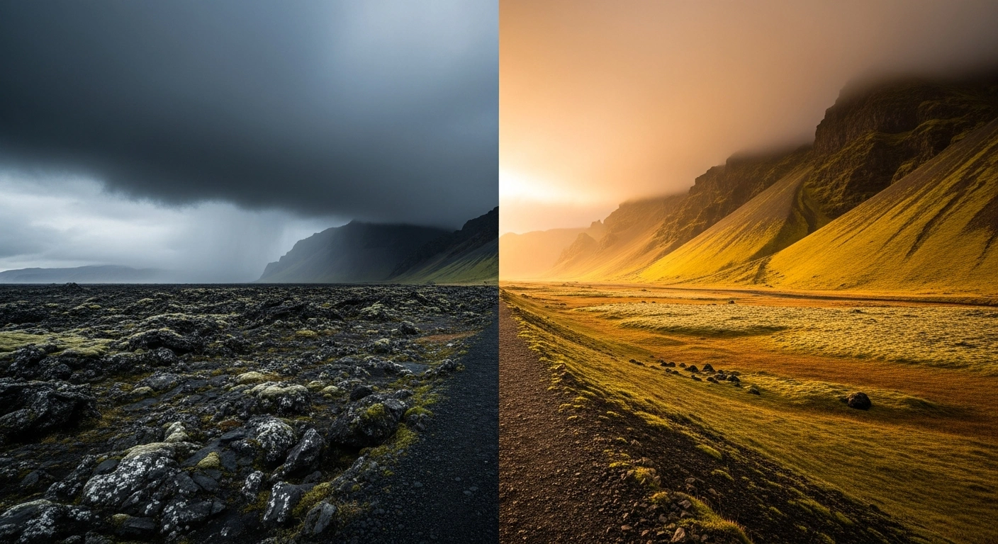 A dramatic landscape in Iceland shows a clear divide between a dark, rainy western region and a sunny, warm eastern region caused by a high-pressure system.