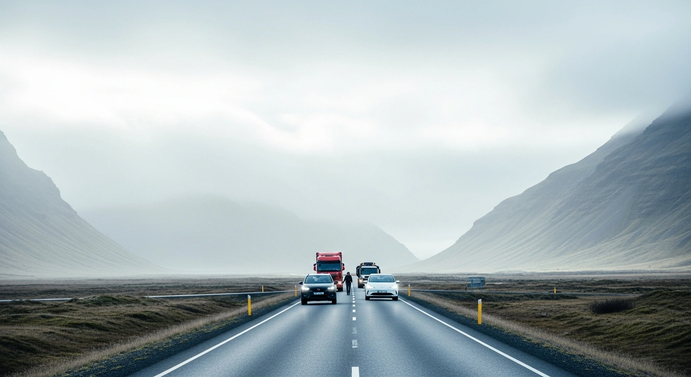 A wide, cinematic shot of a newly paved Icelandic highway stretching into mist-shrouded mountains, with a diverse convoy of vehicles including a heavy transport truck, an SUV, and an electric car driving on it, symbolizing Iceland's new weight-based mileage tax for road maintenance.