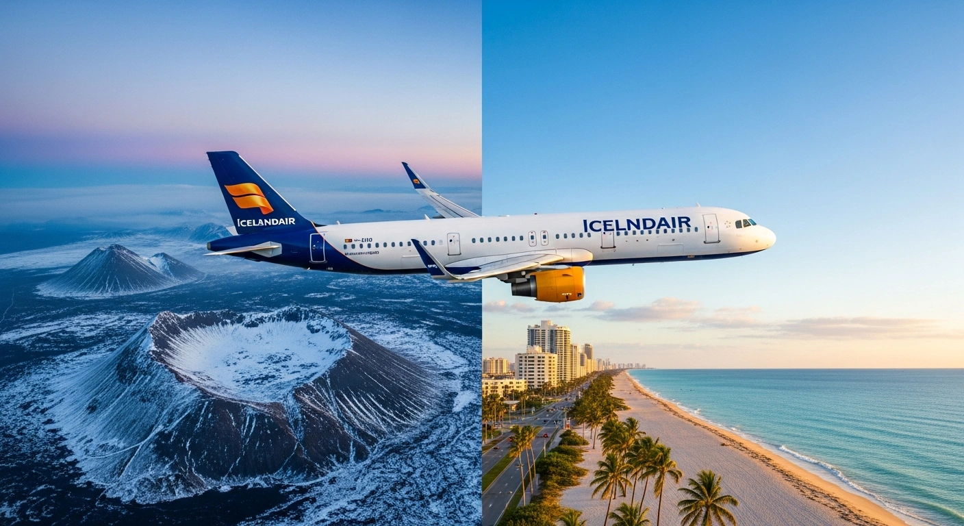 An Icelandair Airbus A321LR airplane flies over a split landscape, with a snowy Icelandic volcanic terrain on one side and a sunny Miami beach with palm trees on the other, symbolizing the new direct winter seasonal flights between Keflavik and Miami.