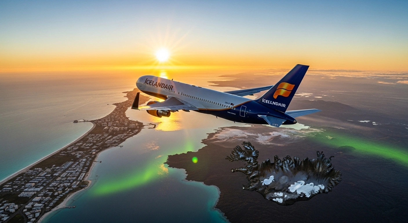 An Icelandair Boeing 767 aircraft flies at sunset over a composite landscape blending Miami's palm-lined coast with Iceland's volcanic terrain and a hint of aurora borealis, symbolizing the new direct flight service between Miami International Airport and Keflavík International Airport.