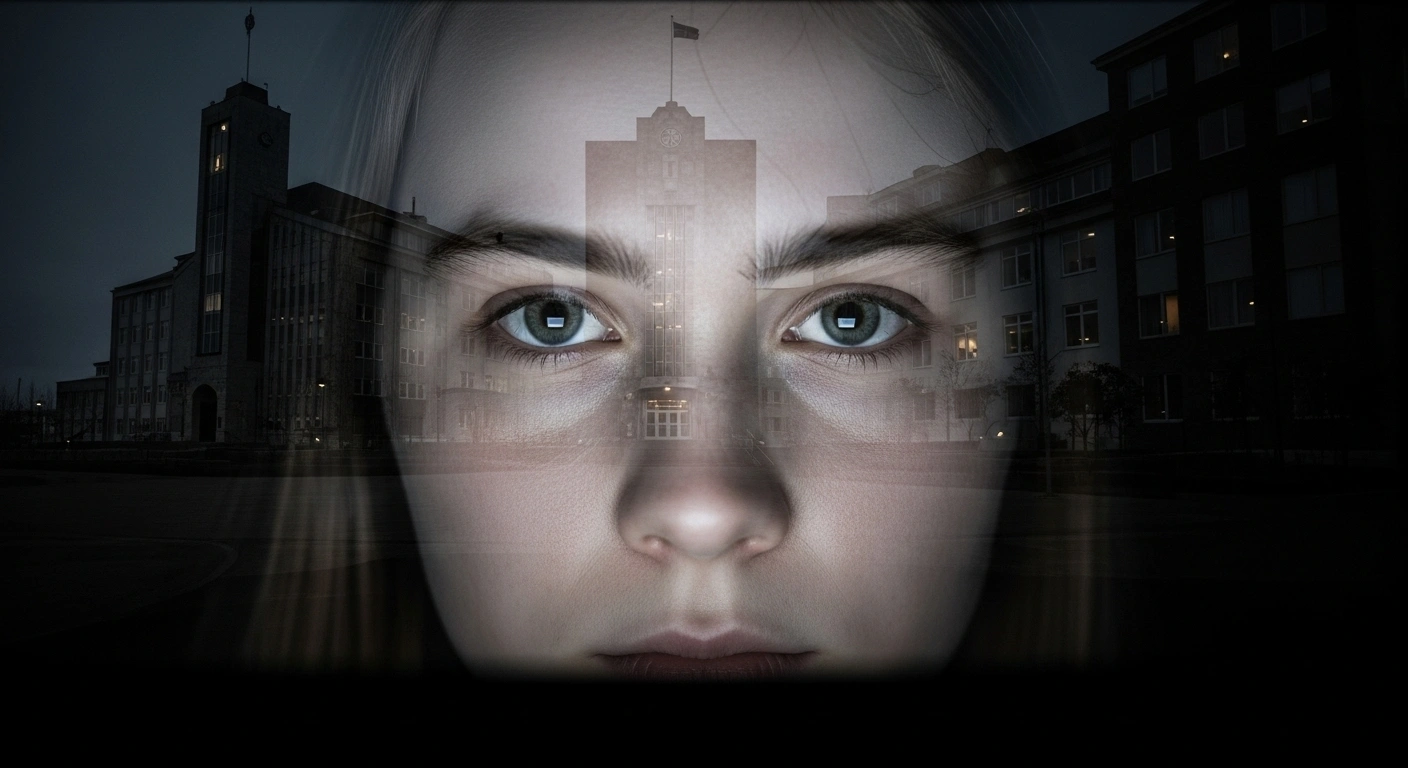 A young student's face, illuminated by the glow of a laptop screen reflecting a university building, conveys weariness and determination, symbolizing the National Union of Icelandic Students' opposition to the proposed increase in public university registration fees.