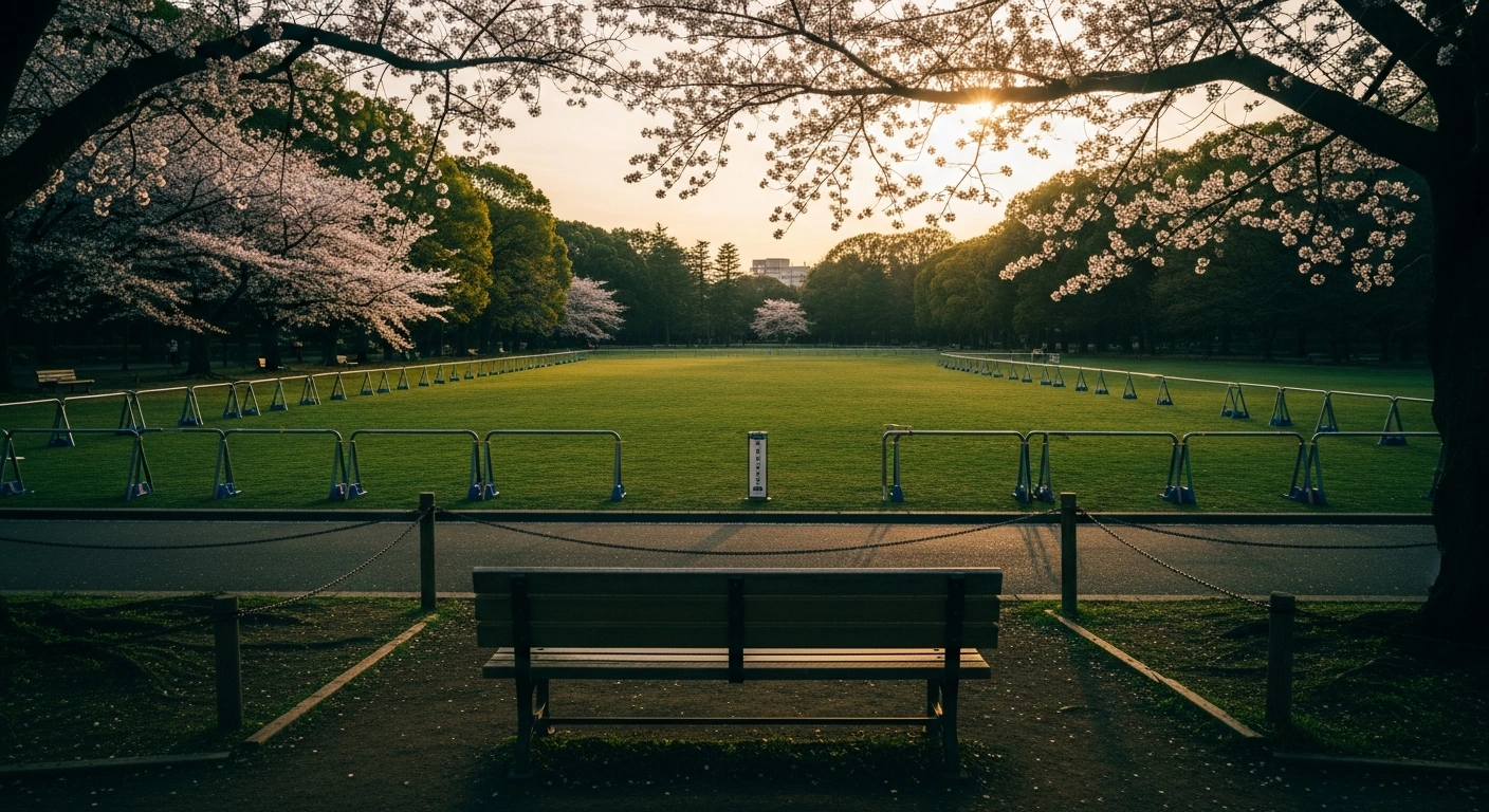 A quiet, empty public park in Ichikawa, Japan, features restricted access areas that have sparked national debate over religious gatherings and community space usage.