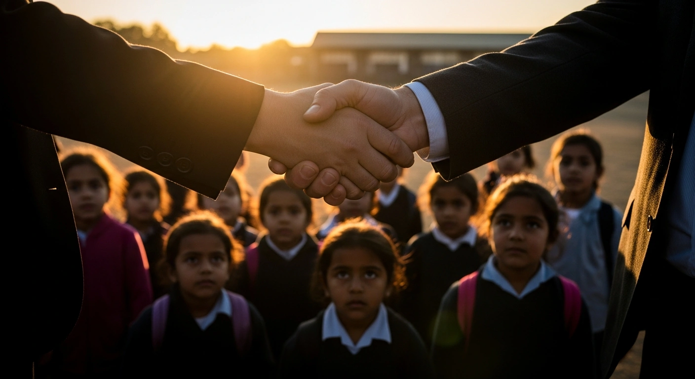 A wide, cinematic image at magic hour depicts two hands shaking, symbolizing the formal partnership between the Independent Corrupt Practices and Other Related Offences Commission (ICPC) and the National Commission for Almajiri and Out-of-School Children Education (NCAOOSCE) in Nigeria, with a diverse group of children looking towards a brightly lit school building in the background, representing their reintegration into the educational system and the securing of increased funding.
