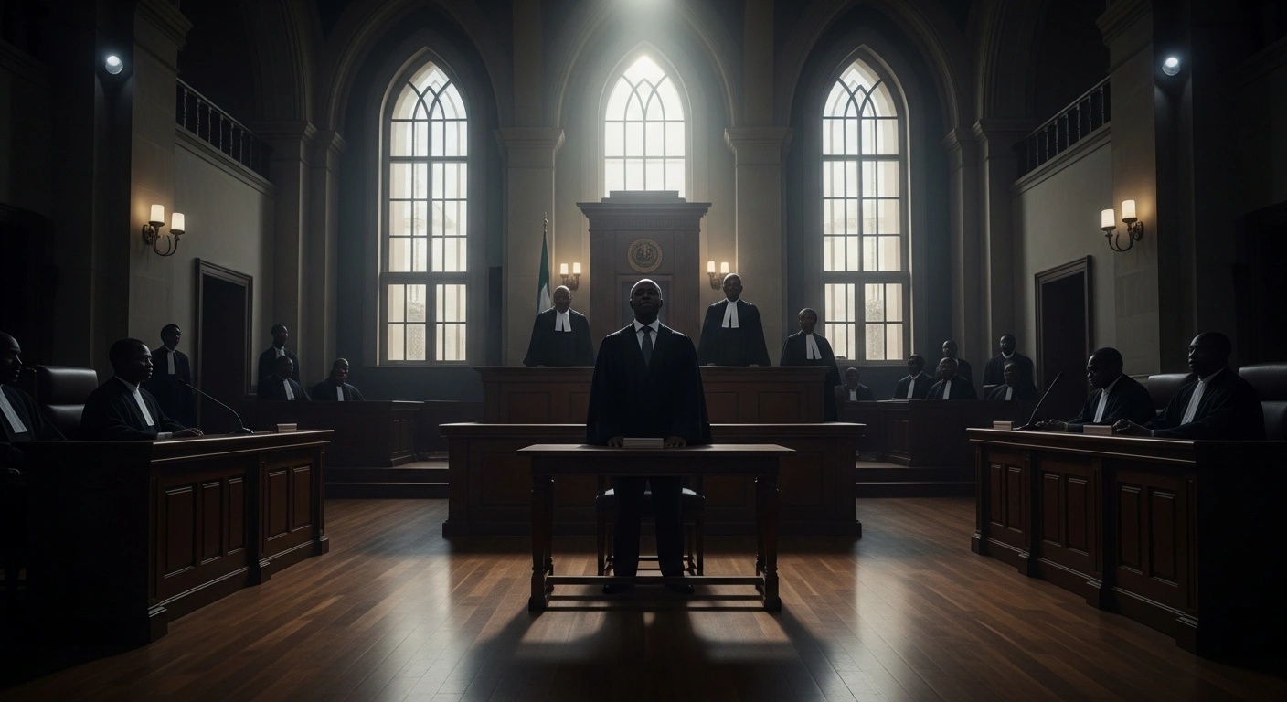 A somber courtroom scene shows a man, representing Yusuf Mustapha, a Deputy Director at NIPC, standing before a high bench under a focused light, symbolizing his arraignment by the ICPC in Abuja for alleged degree certificate forgery.