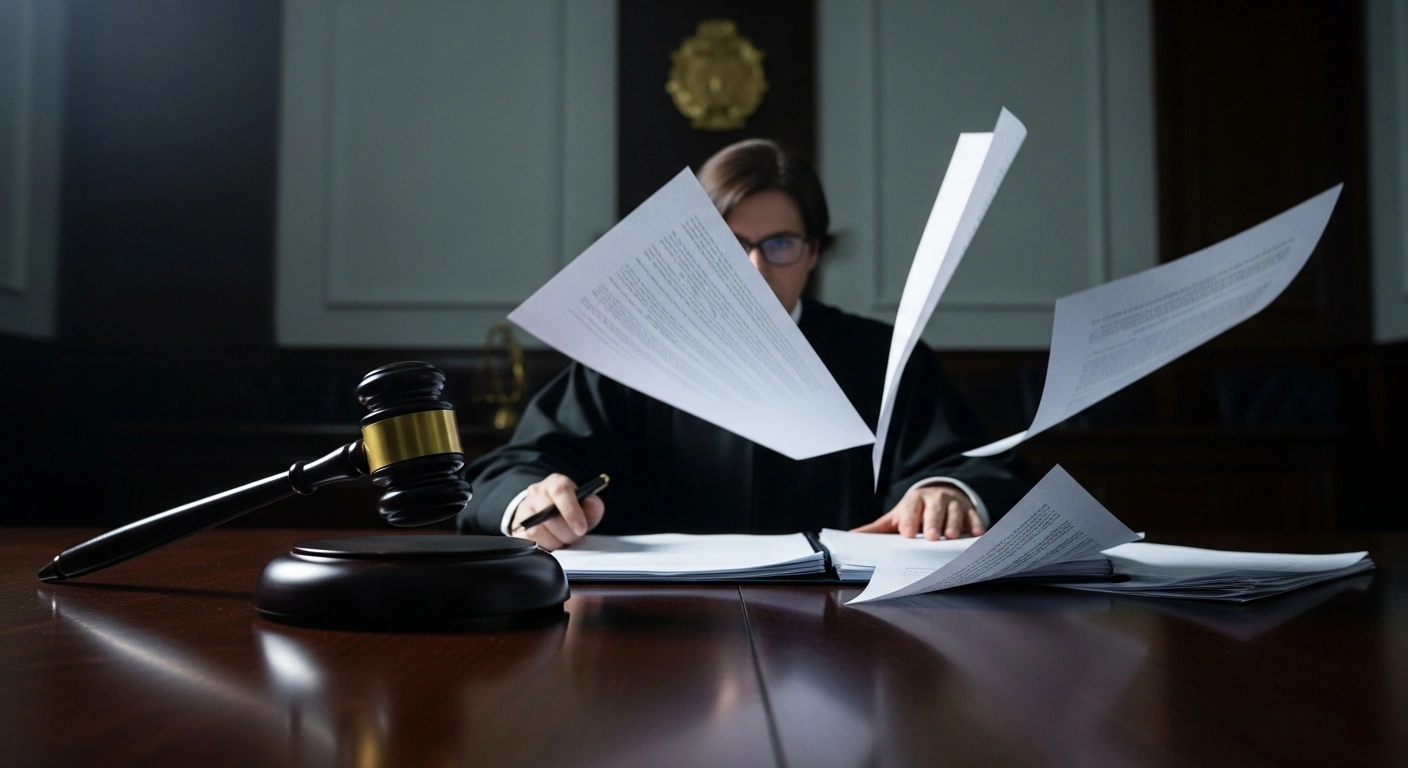 A heavy, ornate gavel rests firmly on a thick stack of legal documents, with loose papers scattered around, symbolizing the International Centre for Settlement of Investment Disputes' decision to reject Romania's request to halt an arbitration case involving Eurohold Bulgaria and Euroins Insurance Group, stemming from Euroins Romania's license revocation and subsequent bankruptcy.
