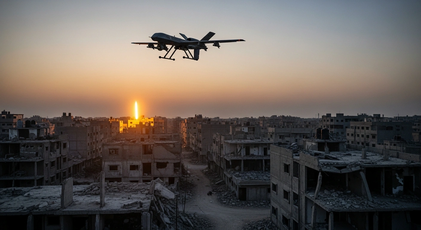 An Israeli military drone monitors a targeted airstrike site in the Gaza Strip following the elimination of a Hamas commander.