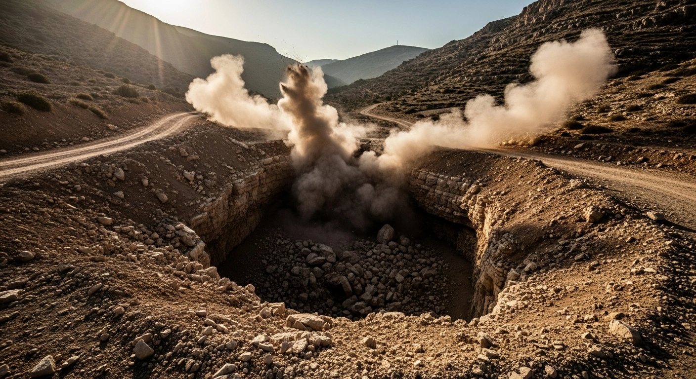 A cloud of dust and debris rises from a crater in the rocky landscape of southern Lebanon following the destruction of an underground tunnel by the Israel Defense Forces.