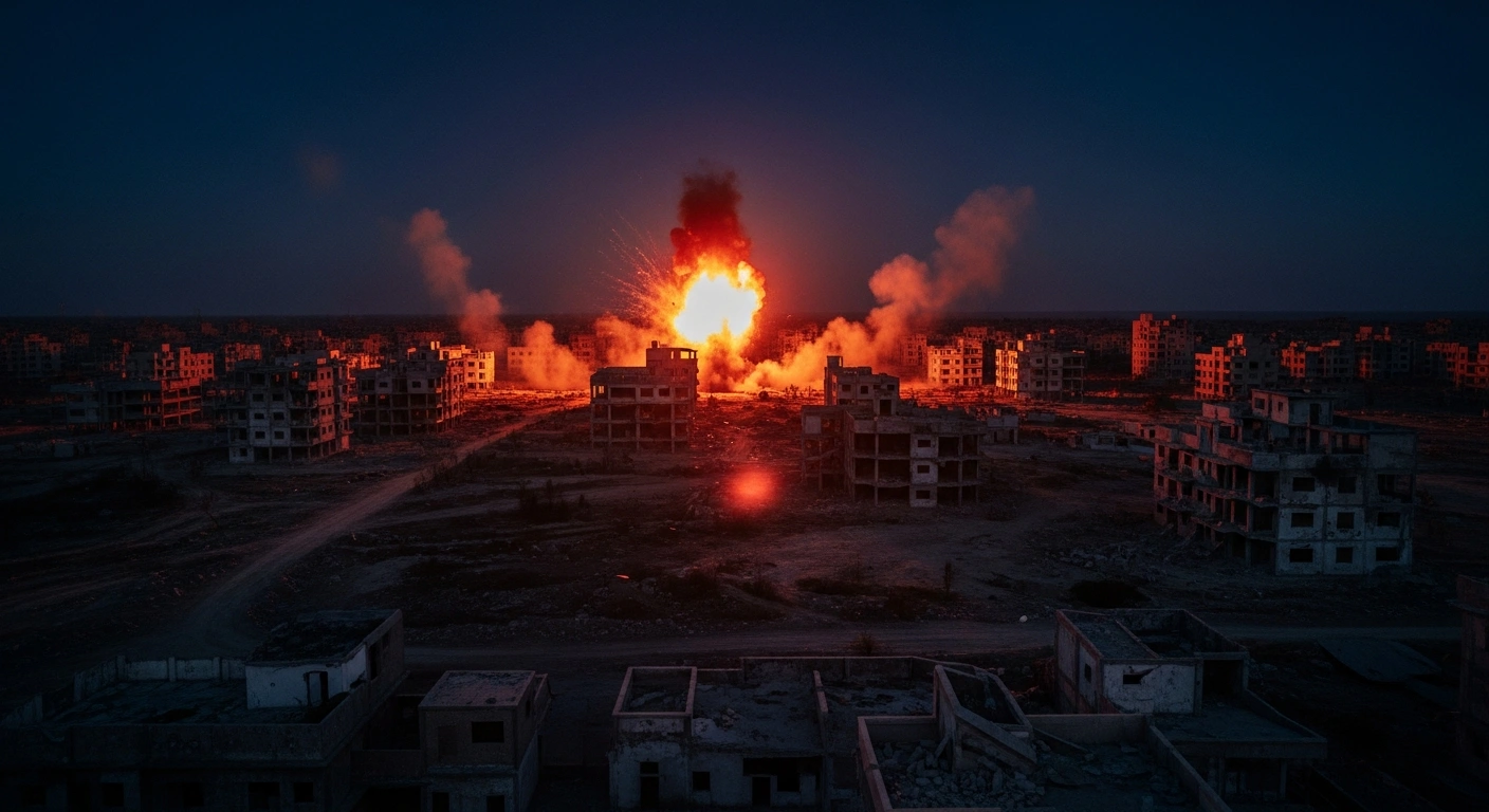 A powerful, orange-red explosion from an airstrike illuminates a desolate, war-torn urban landscape at night, representing the IDF's targeted operations in Gaza on February 15-16, 2026, which eliminated an October 7 terrorist and a Palestinian Islamic Jihad commander after reported ceasefire violations.