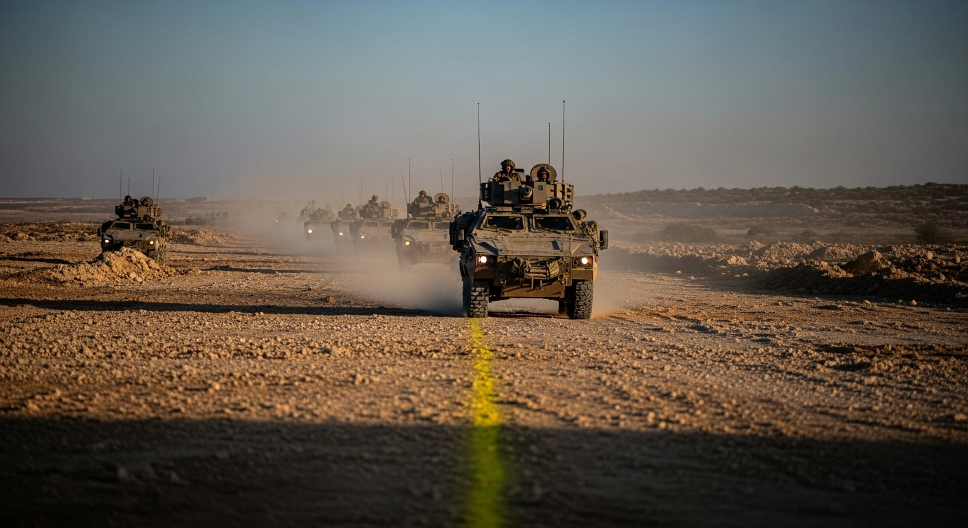 An Israel Defense Forces armored vehicle convoy moves through a dusty Gaza landscape at sunset, with a faint yellow line painted on the ground, symbolizing the demarcation of IDF control and the ongoing brigade rotation.