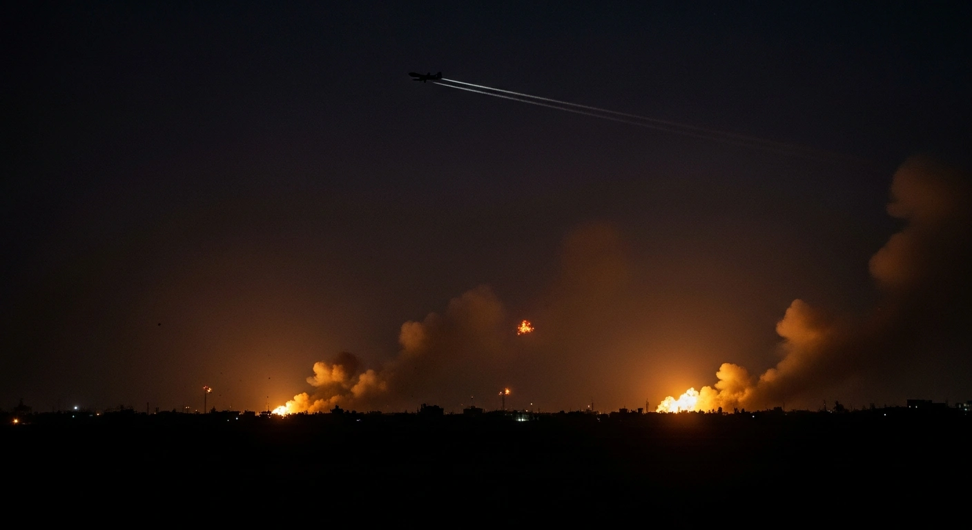 A wide, low-angle night shot over the Gaza Strip shows dust and smoke illuminated by distant explosions, with a military drone streaking across the sky, depicting the aftermath of IDF targeted strikes following a rocket launch.