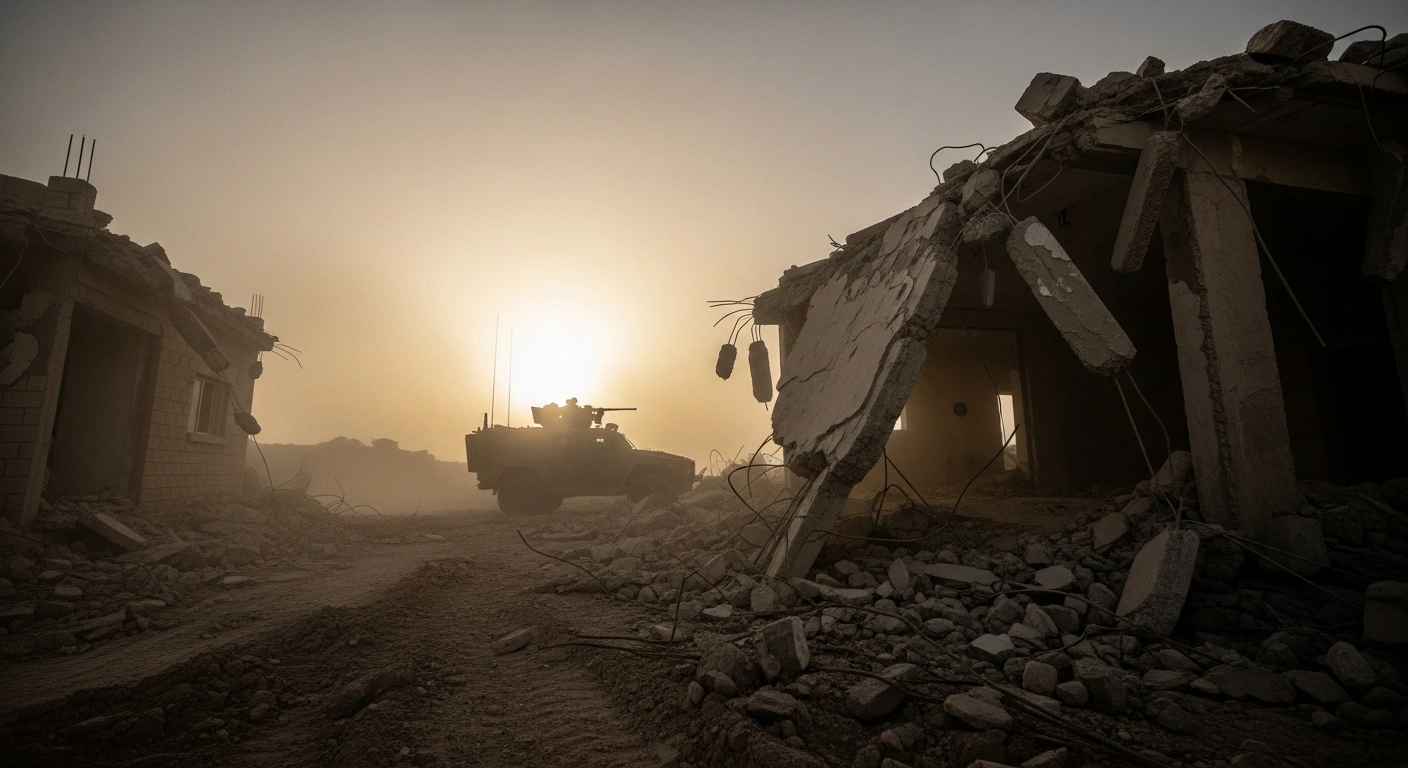 A wide, low-angle shot at dawn reveals the stark, dusty remnants of a recently demolished home in Halhul, West Bank, following an IDF operation against Mahmoud Abed, who was responsible for the Gush Etzion attack.