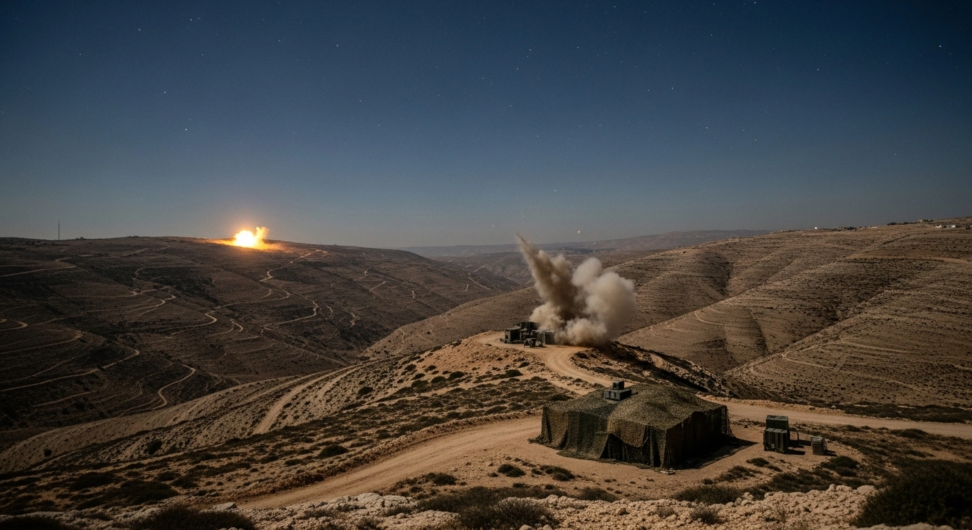 A drone's wide shot captures the rugged, moonlit terrain of southern Lebanon, with a remote, camouflaged structure partially engulfed in dust and smoke from a recent, precise military strike, indicating the targeted elimination of Hezbollah operatives by the Israel Defense Forces.