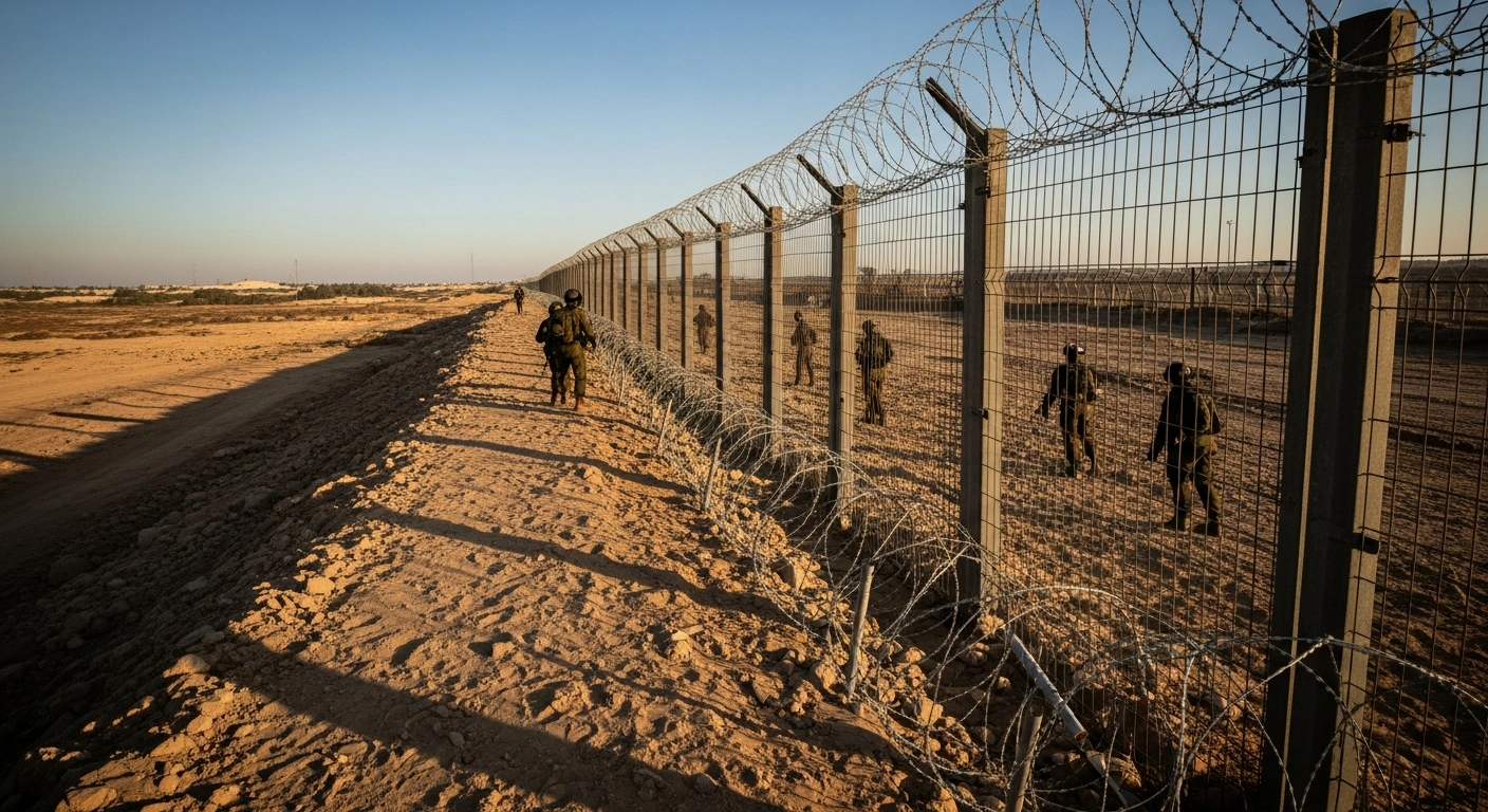 Israeli soldiers conduct a security inspection along the Gaza border fence near Kibbutz Zikim to investigate reports of a potential breach.
