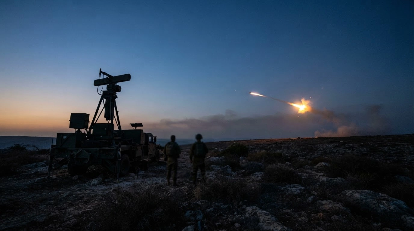 An Israeli military defense system intercepts a hostile drone in the sky above the border region.