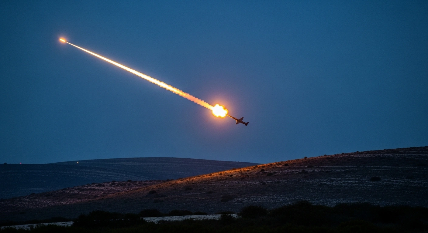 An Israeli air defense system successfully intercepts a hostile aircraft over the northern border region at twilight.