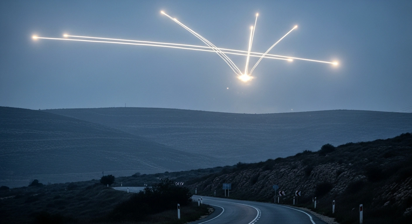 An Israeli air defense system intercepts projectiles in the night sky over the northern border of Israel.