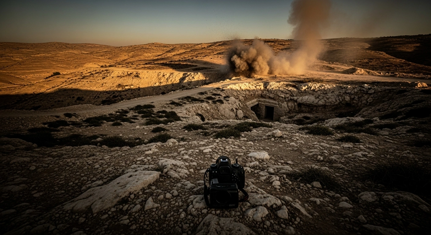 A plume of dust rises from a hidden tunnel entrance in the rugged landscape of southern Lebanon following an Israel Defense Forces operation.
